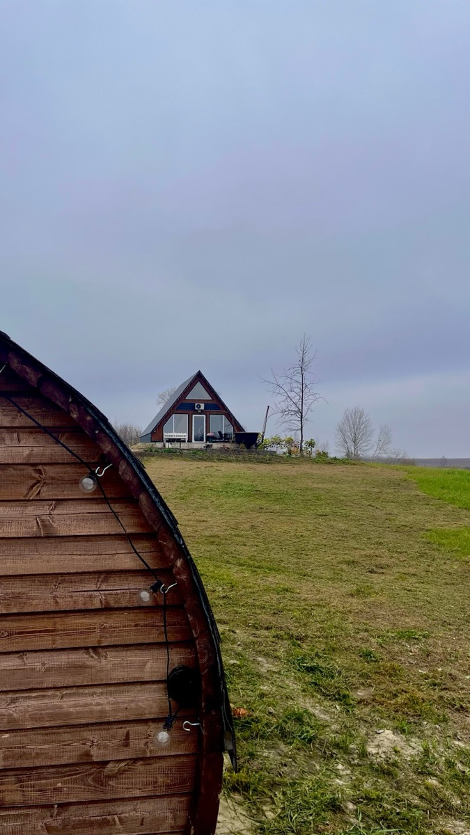 Баня «Манго» на переднем плане и A-frame дом вдали на лугу